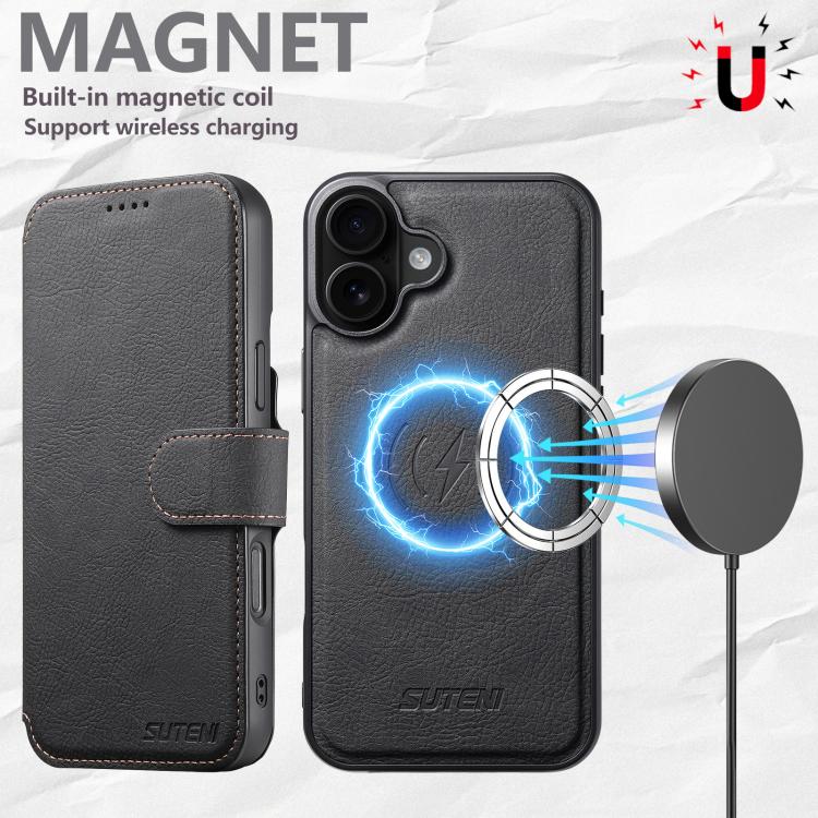 For iPhone 16 Suteni Q05 2-in-1 Multi-function MagSafe Wallet Litchi Leather Phone Case(Black) by Suteni