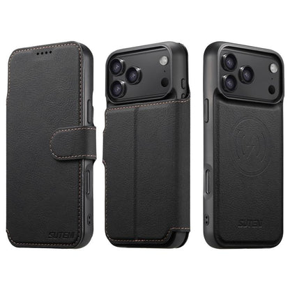 For iPhone 17 Pro Max Suteni Q05 2-in-1 Multi-function MagSafe Wallet Litchi Leather Phone Case(Black) by Suteni