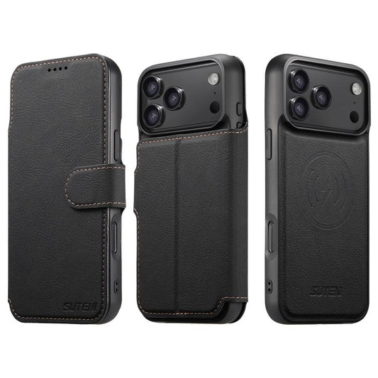 For iPhone 17 Pro Max Suteni Q05 2-in-1 Multi-function MagSafe Wallet Litchi Leather Phone Case(Black) by Suteni