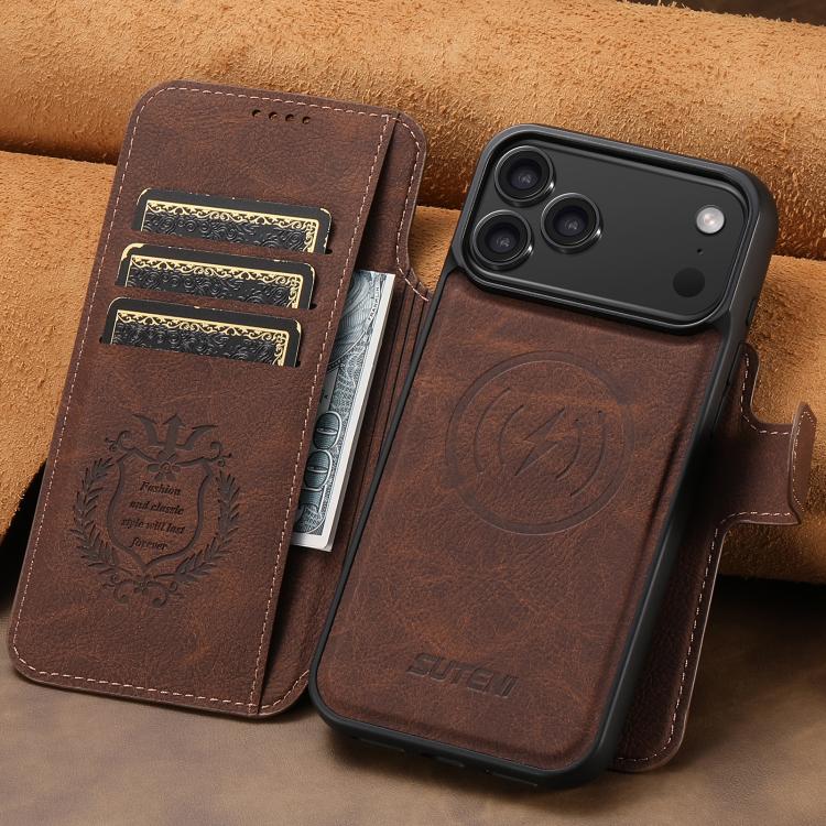 For iPhone 17 Pro Max Suteni Q05 2-in-1 Multi-function MagSafe Wallet Litchi Leather Phone Case(Brown) by Suteni