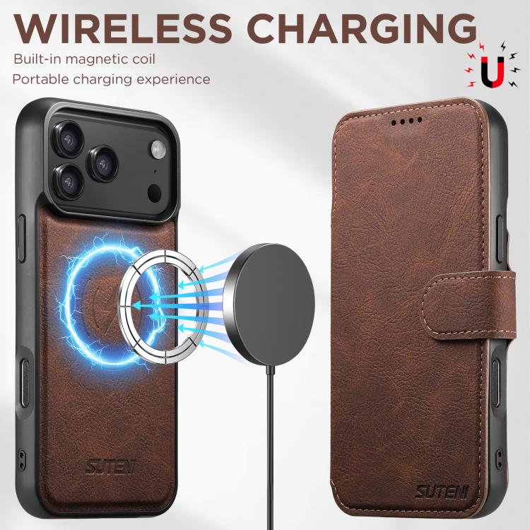For iPhone 17 Pro Max Suteni Q05 2-in-1 Multi-function MagSafe Wallet Litchi Leather Phone Case(Brown) by Suteni