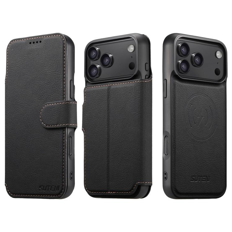 For iPhone 17 Pro Suteni Q05 2-in-1 Multi-function MagSafe Wallet Litchi Leather Phone Case(Black) by Suteni