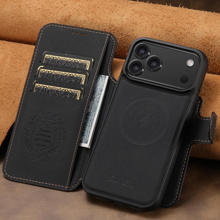 For iPhone 17 Pro Suteni Q05 2-in-1 Multi-function MagSafe Wallet Litchi Leather Phone Case(Black) by Suteni