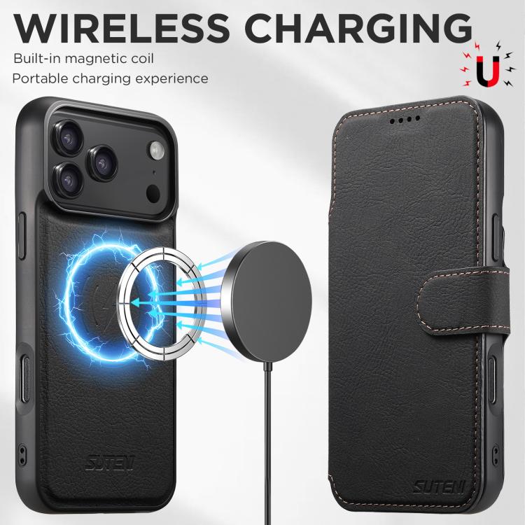 For iPhone 17 Pro Suteni Q05 2-in-1 Multi-function MagSafe Wallet Litchi Leather Phone Case(Black) by Suteni