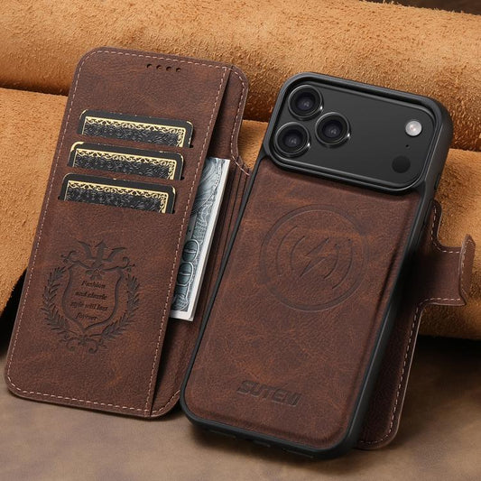 For iPhone 17 Pro Suteni Q05 2-in-1 Multi-function MagSafe Wallet Litchi Leather Phone Case(Brown) by Suteni