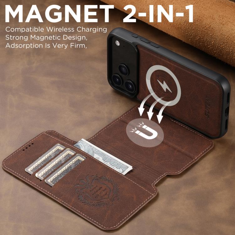 For iPhone 17 Pro Suteni Q05 2-in-1 Multi-function MagSafe Wallet Litchi Leather Phone Case(Brown) by Suteni