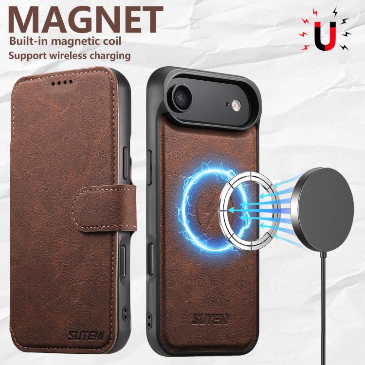 For iPhone Air Suteni Q05 2-in-1 Multi-function MagSafe Wallet Litchi Leather Phone Case(Brown) by Suteni