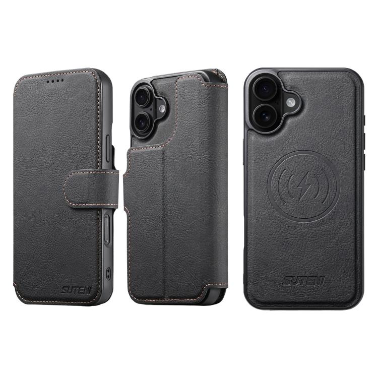 For iPhone 17 Suteni Q05 2-in-1 Multi-function MagSafe Wallet Litchi Leather Phone Case(Black) by Suteni