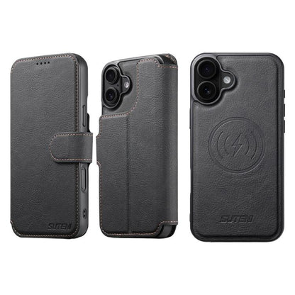 For iPhone 17 Suteni Q05 2-in-1 Multi-function MagSafe Wallet Litchi Leather Phone Case(Black) by Suteni