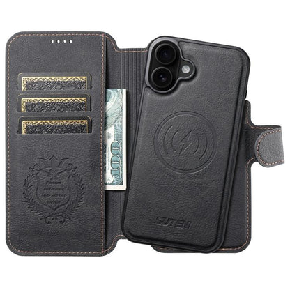 For iPhone 17 Suteni Q05 2-in-1 Multi-function MagSafe Wallet Litchi Leather Phone Case(Black) by Suteni