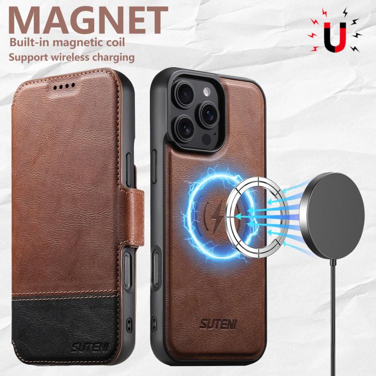 For iPhone 16 Pro Max Suteni Q06 2-in-1 Multi-function Detachable Wallet MagSafe Phone Case(Brown) by Suteni