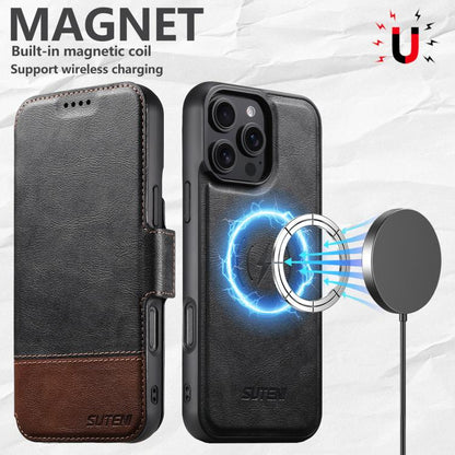 For iPhone 16 Pro Suteni Q06 2-in-1 Multi-function Detachable Wallet MagSafe Phone Case(Black) by Suteni