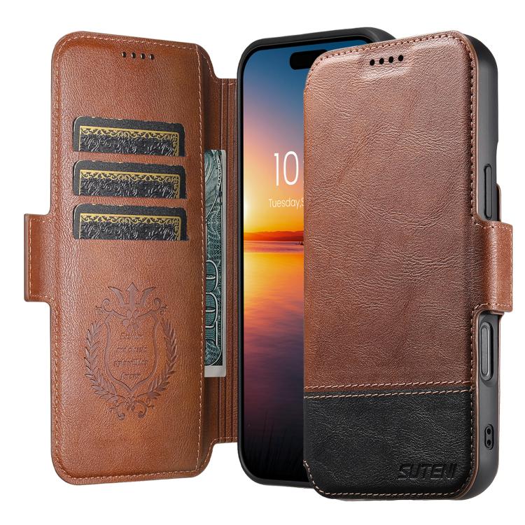 For iPhone 16 Plus Suteni Q06 2-in-1 Multi-function Detachable Wallet MagSafe Phone Case(Brown) by Suteni