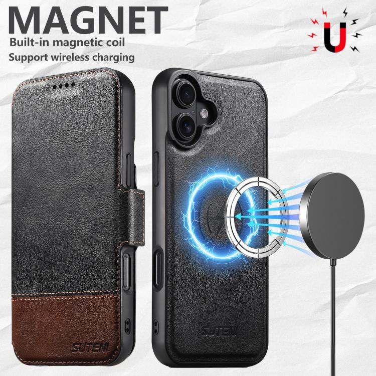 For iPhone 16 Suteni Q06 2-in-1 Multi-function Detachable Wallet MagSafe Phone Case(Black) by Suteni