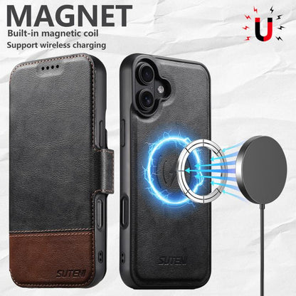 For iPhone 16 Suteni Q06 2-in-1 Multi-function Detachable Wallet MagSafe Phone Case(Black) by Suteni