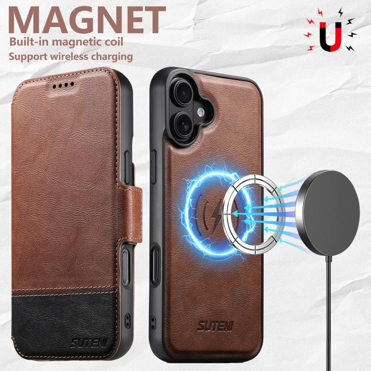 For iPhone 17 Suteni Q06 2-in-1 Multi-function Detachable Wallet MagSafe Phone Case(Brown) by Suteni