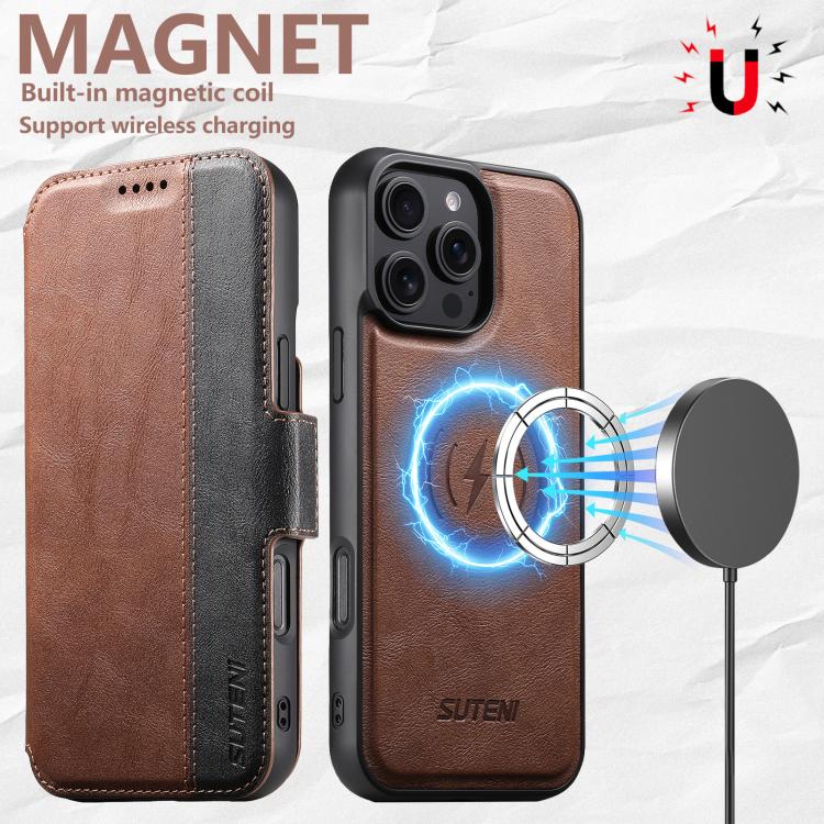 For iPhone 16 Pro Suteni Q07 2-in-1 Multi-function Detachable Wallet MagSafe Phone Case(Brown) by Suteni