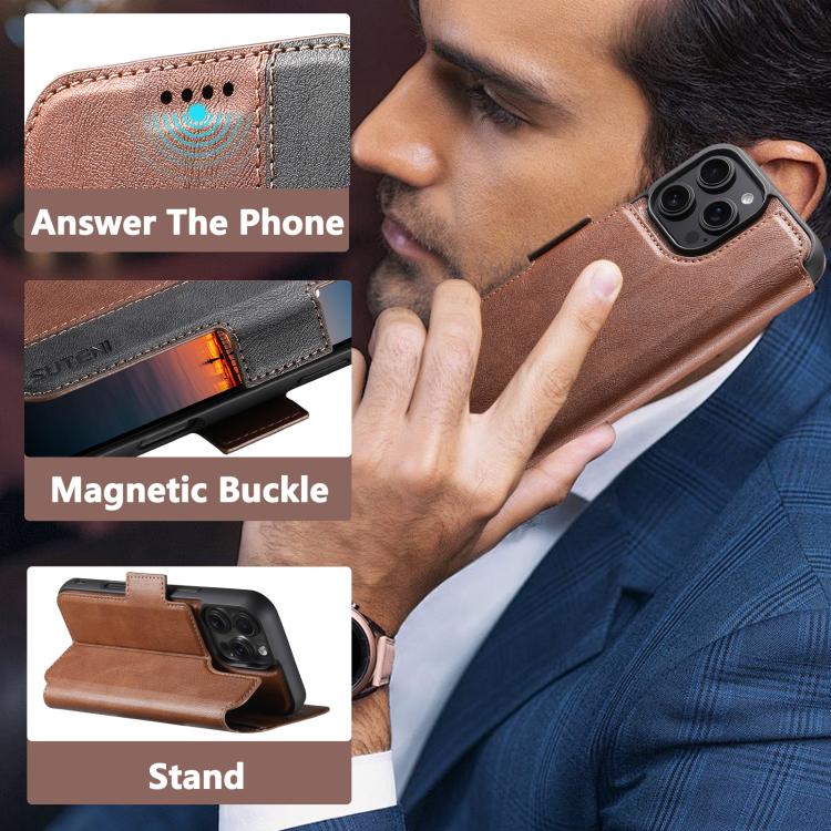 For iPhone 16 Pro Suteni Q07 2-in-1 Multi-function Detachable Wallet MagSafe Phone Case(Brown) by Suteni