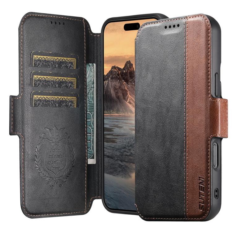 For iPhone 16 Plus Suteni Q07 2-in-1 Multi-function Detachable Wallet MagSafe Phone Case(Black) by Suteni