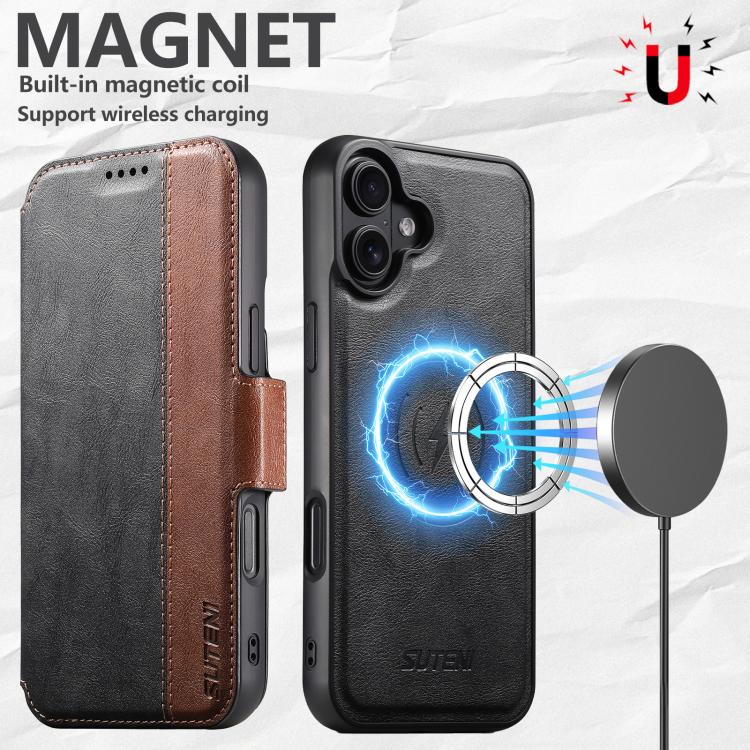 For iPhone 16 Plus Suteni Q07 2-in-1 Multi-function Detachable Wallet MagSafe Phone Case(Black) by Suteni