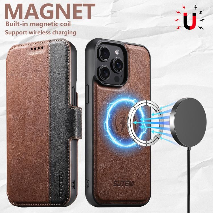 For iPhone 17 Pro Suteni Q07 2-in-1 Multi-function Detachable Wallet MagSafe Phone Case(Brown) by Suteni