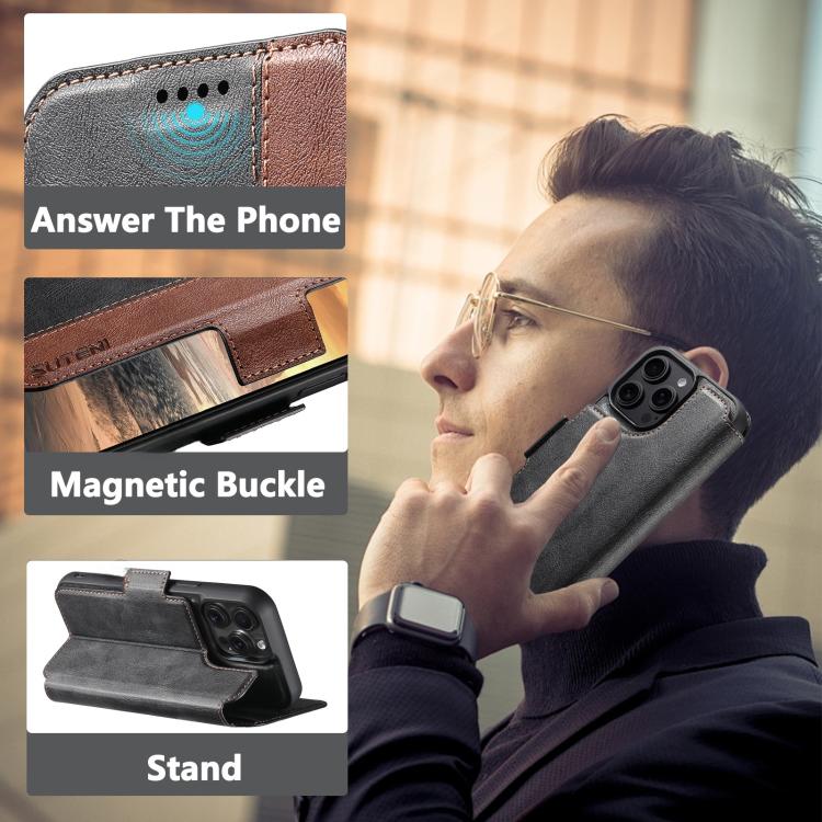 For iPhone 17 Pro Suteni Q07 2-in-1 Multi-function Detachable Wallet MagSafe Phone Case(Brown) by Suteni