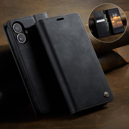 For iPhone 16 Plus CaseMe 033 Calf Leather Lining Microfibre RFID Blocking Phone Case(Black) by CaseMe