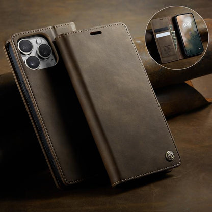 For iPhone 16 Pro CaseMe 033 Calf Leather Lining Microfibre RFID Blocking Phone Case(Coffee) by CaseMe
