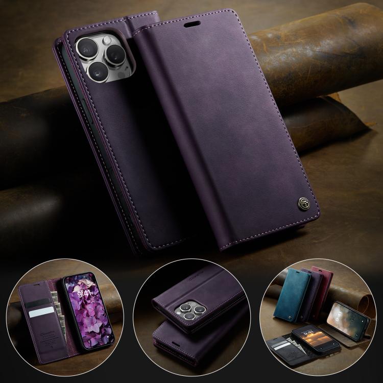 For iPhone 16 Pro CaseMe 033 Calf Leather Lining Microfibre RFID Blocking Phone Case(Purple) by CaseMe