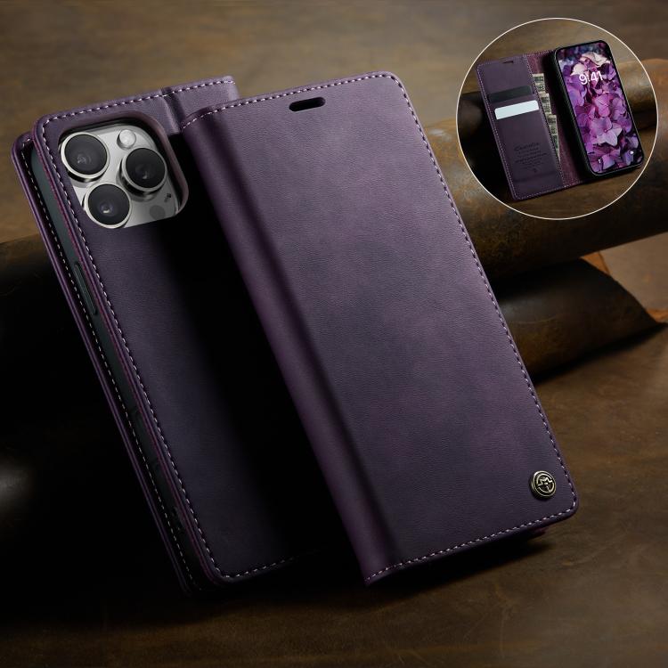 For iPhone 16 Pro Max CaseMe 033 Calf Leather Lining Microfibre RFID Blocking Phone Case(Purple) by CaseMe