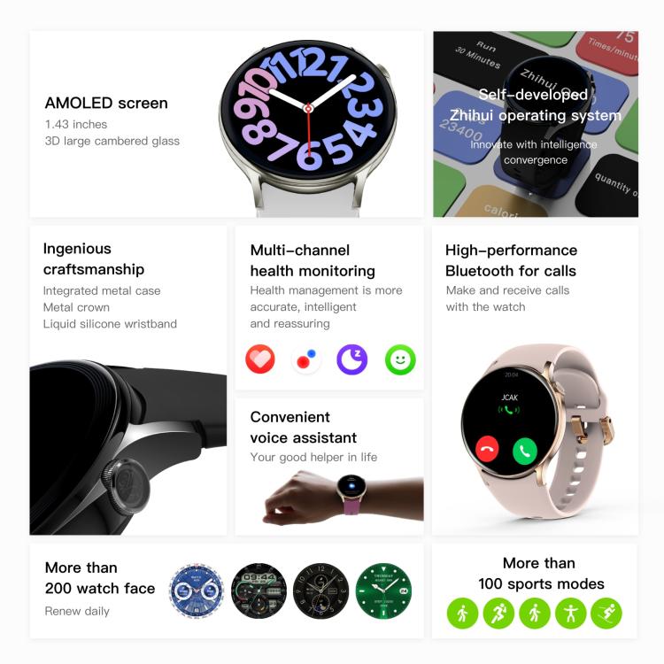 Sense 6 1.43 AMOLED Screen IP68 Waterproof Bluetooth Call Smartwatch Supports Health Monitoring(Pink) by bashfashion