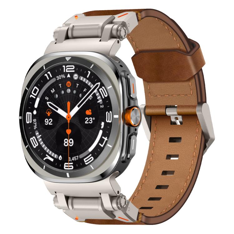 For Samsung Galaxy Watch Ultra 47mm / Ultra 2025 Explorer Stainless Steel Head Leather Watch Band(Titanium Crazy Horse) by bashfashion