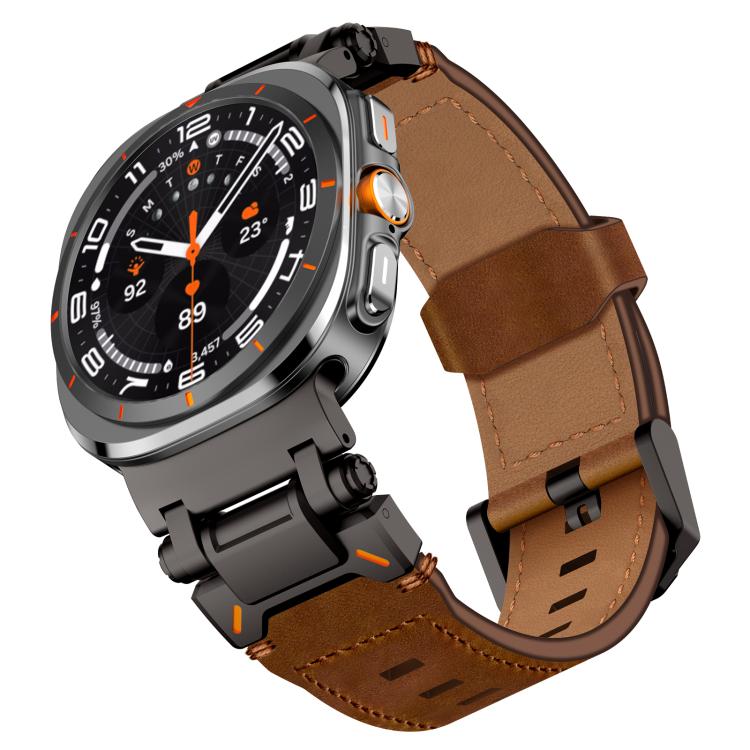 For Samsung Galaxy Watch Ultra 47mm / Ultra 2025 Explorer Stainless Steel Head Leather Watch Band(Black Crazy Horse) by bashfashion