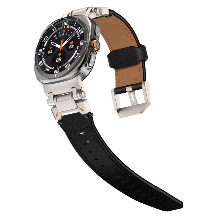 For Samsung Galaxy Watch Ultra 47mm / Ultra 2025 Explorer Stainless Steel Head Leather Watch Band(Titanium Black) by bashfashion