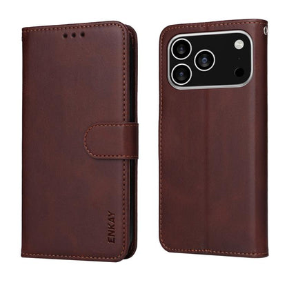 For iPhone 17 Pro Max ENKAY Card Wallet Calf Texture Leather Phone Case with Thickened Glue No White Edge Film(Brown) by ENKAY