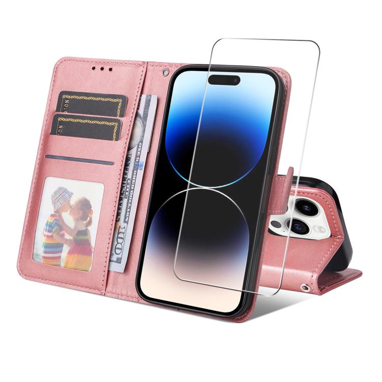 For iPhone 16 Pro ENKAY Card Wallet Calf Texture Leather Phone Case with Thickened Glue No White Edge Film(Pink) by ENKAY