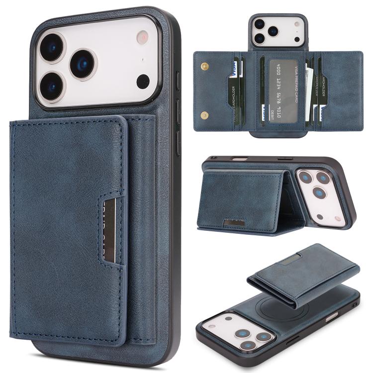 For iPhone 17 Pro Kalebol Strong Magnetic MagSafe Tri-Fold Wallet Leather Phone Case(Blue) by Kalebol