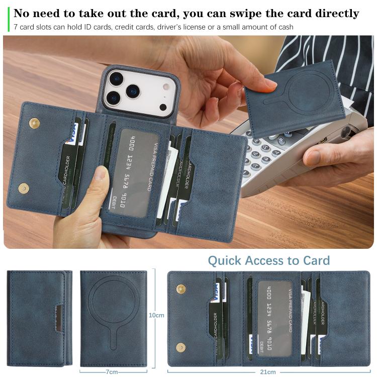 For iPhone 17 Pro Kalebol Strong Magnetic MagSafe Tri-Fold Wallet Leather Phone Case(Blue) by Kalebol