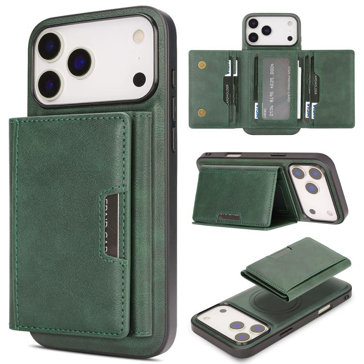 For iPhone 17 Pro Kalebol Strong Magnetic MagSafe Tri-Fold Wallet Leather Phone Case(Green) by Kalebol