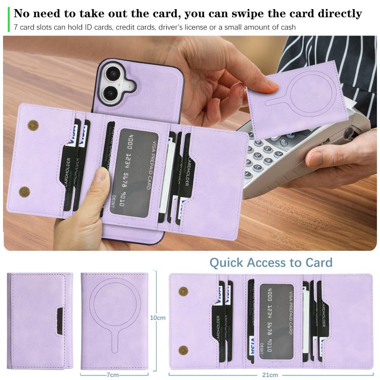 For iPhone 17 Kalebol Strong Magnetic MagSafe Tri-Fold Wallet Leather Phone Case(Purple) by Kalebol