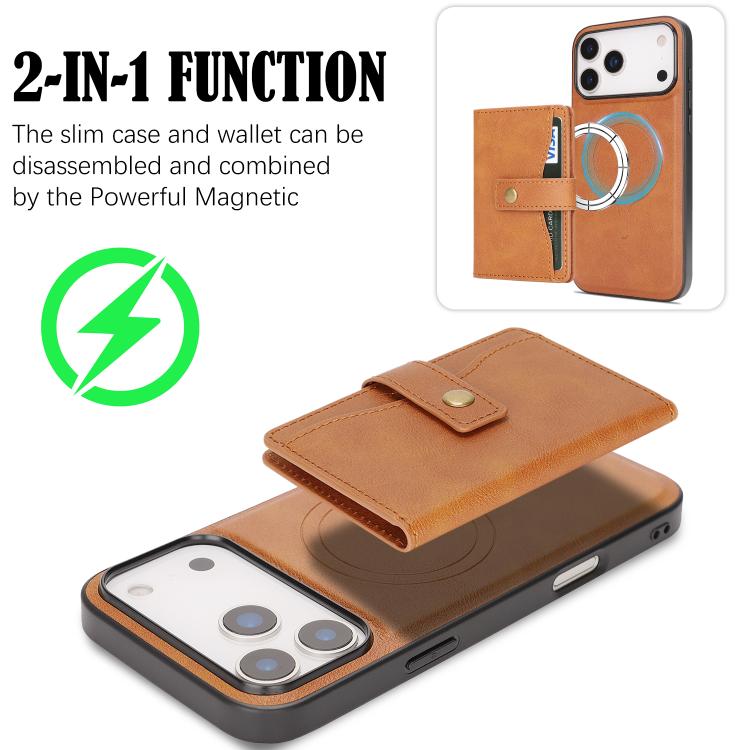 For iPhone 17 Pro Max Kalebol Magnetic Button Card Bag MagSafe Ring Leather Phone Case(Brown) by Kalebol
