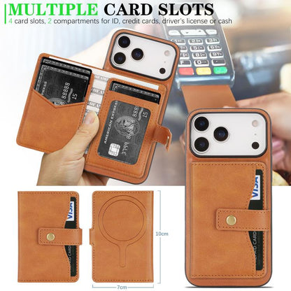 For iPhone 17 Pro Max Kalebol Magnetic Button Card Bag MagSafe Ring Leather Phone Case(Brown) by Kalebol