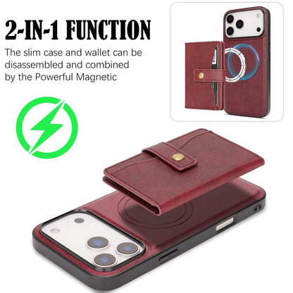 For iPhone 17 Pro Max Kalebol Magnetic Button Card Bag MagSafe Ring Leather Phone Case(Red) by Kalebol