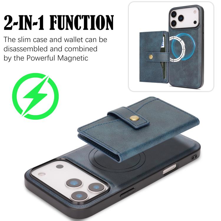 For iPhone 17 Pro Max Kalebol Magnetic Button Card Bag MagSafe Ring Leather Phone Case(Blue) by Kalebol
