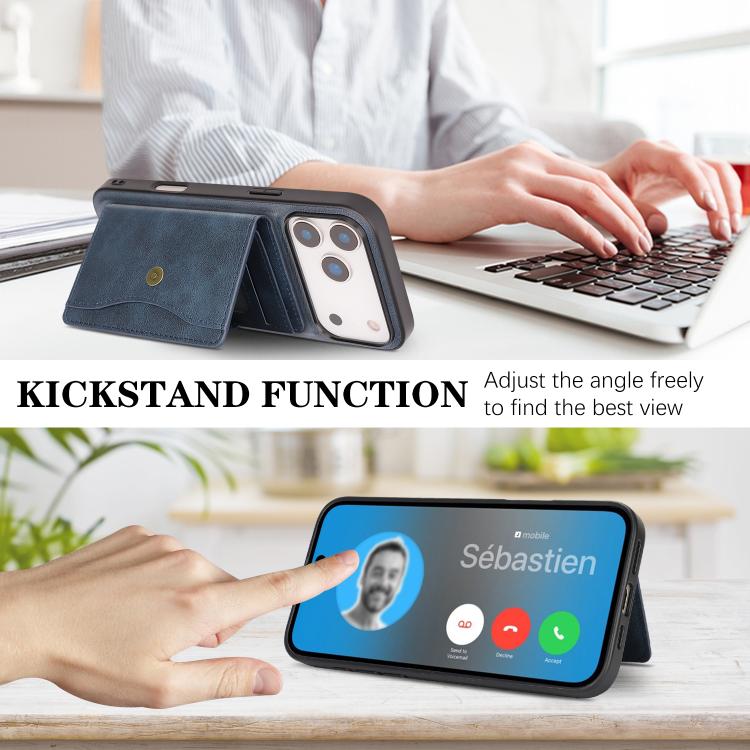 For iPhone 17 Pro Max Kalebol Magnetic Button Card Bag MagSafe Ring Leather Phone Case(Blue) by Kalebol