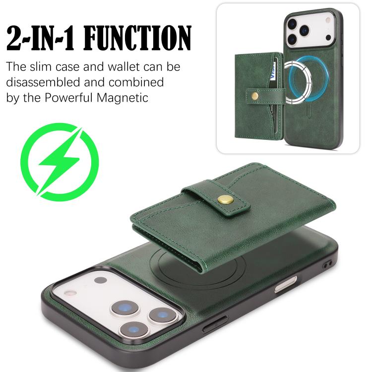 For iPhone 17 Pro Max Kalebol Magnetic Button Card Bag MagSafe Ring Leather Phone Case(Green) by Kalebol