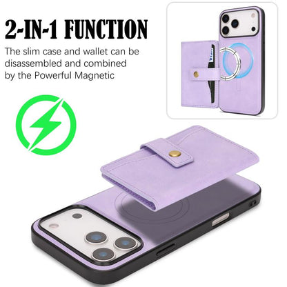 For iPhone 17 Pro Max Kalebol Magnetic Button Card Bag MagSafe Ring Leather Phone Case(Purple) by Kalebol