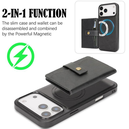 For iPhone 17 Pro Kalebol Magnetic Button Card Bag MagSafe Ring Leather Phone Case(Black) by Kalebol