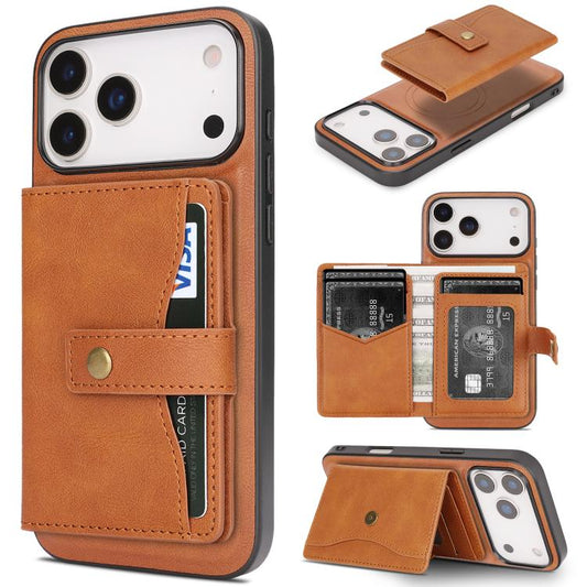 For iPhone 17 Pro Kalebol Magnetic Button Card Bag MagSafe Ring Leather Phone Case(Brown) by Kalebol