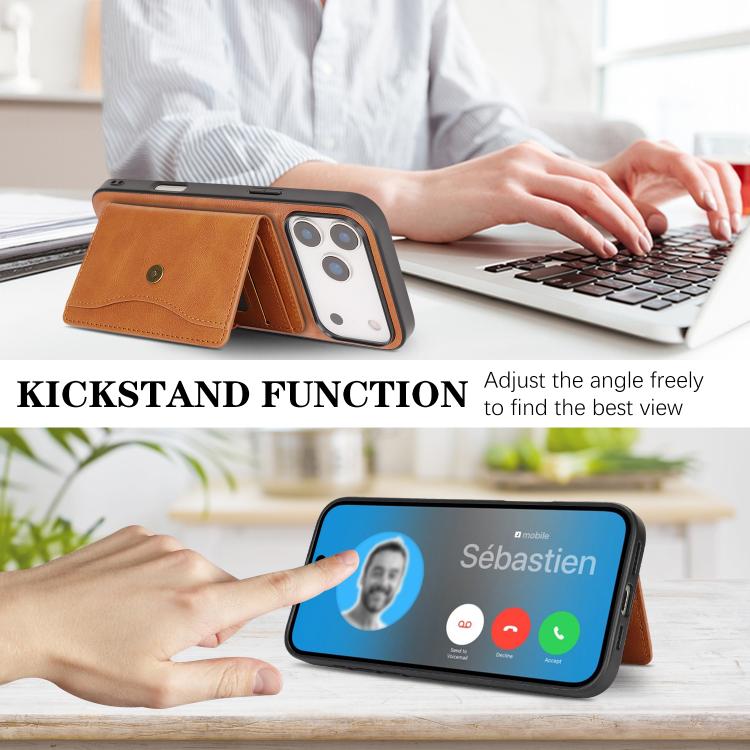 For iPhone 17 Pro Kalebol Magnetic Button Card Bag MagSafe Ring Leather Phone Case(Brown) by Kalebol